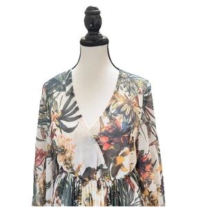 L'atiste by Amy Pleated Maxi Dress Floral Tropical Long Sleeve Small Sheer